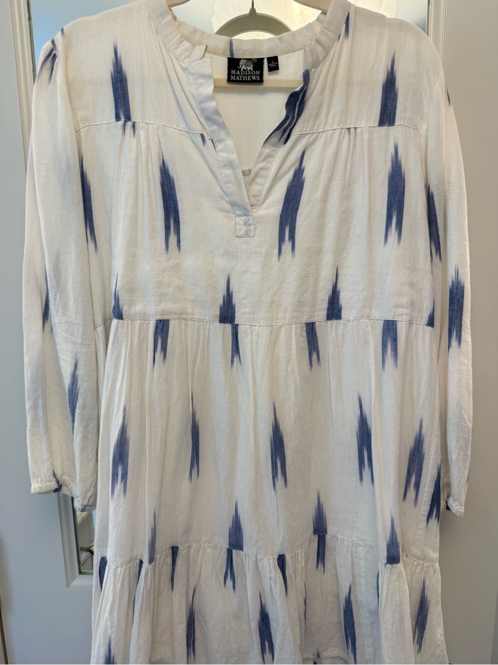 Madison Matthews White Mini Dress with Blue Ikat Accents